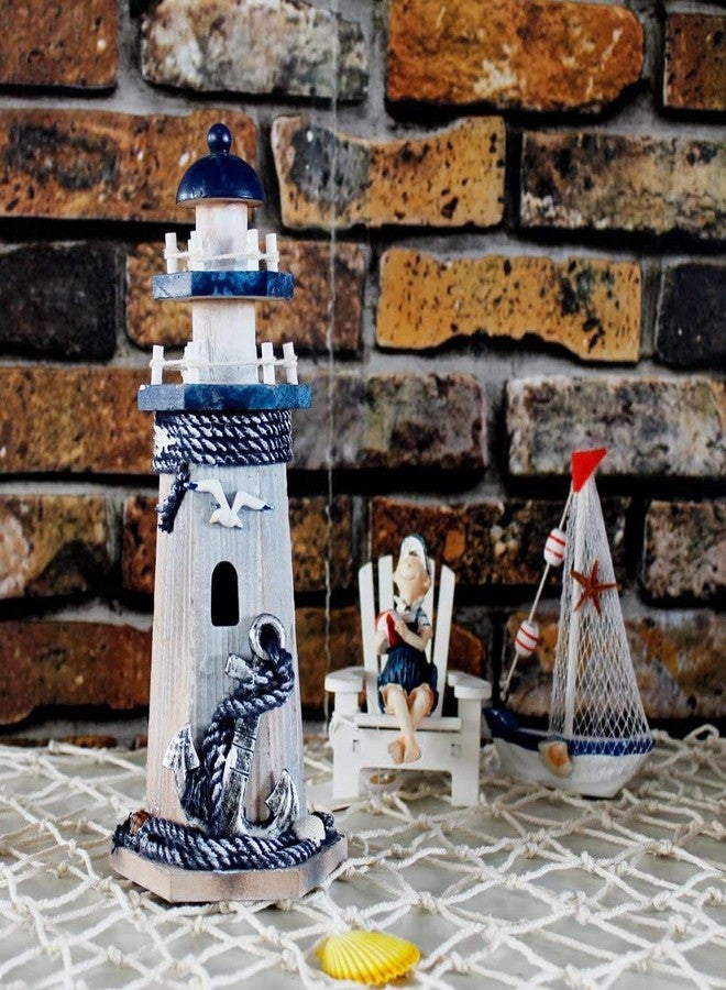 WHY DECOR Lighthouse Decor Nautical Decoration Wood Light House Figurine Beach House Coastal Decor Table Ocean Seaside Theme Home Lake House Bathroom Shelf Centerpiece 10.25" Blue - Image 4